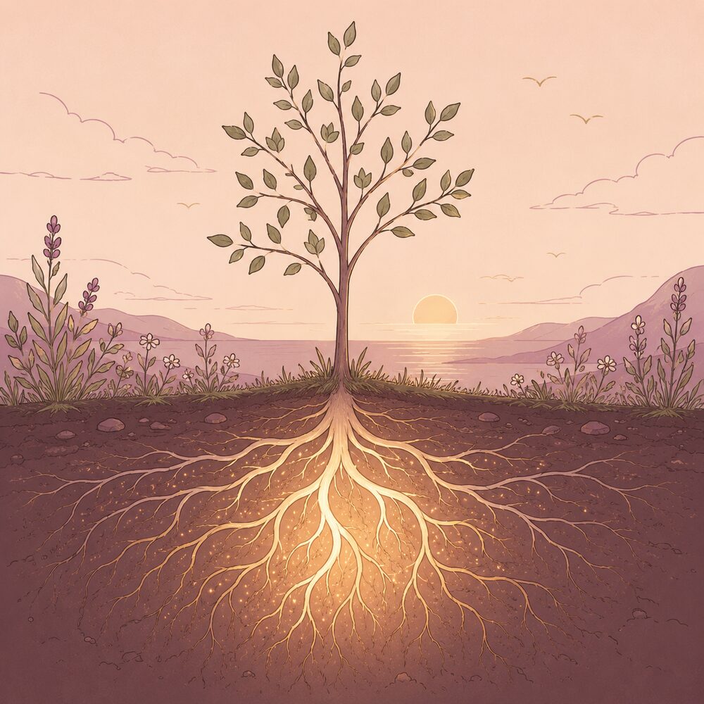 Albero con radici luminose, radicate in profondità